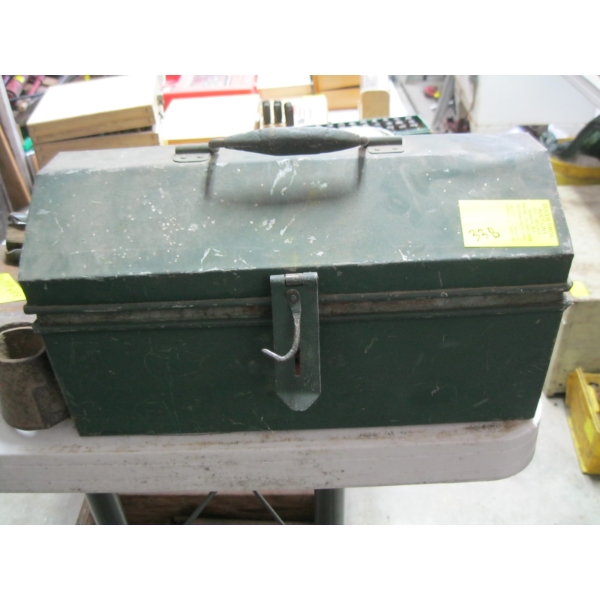 GREEN TOOLBOX W/MISC. TAPE MEASURERS, WRENCHES, ETC.
