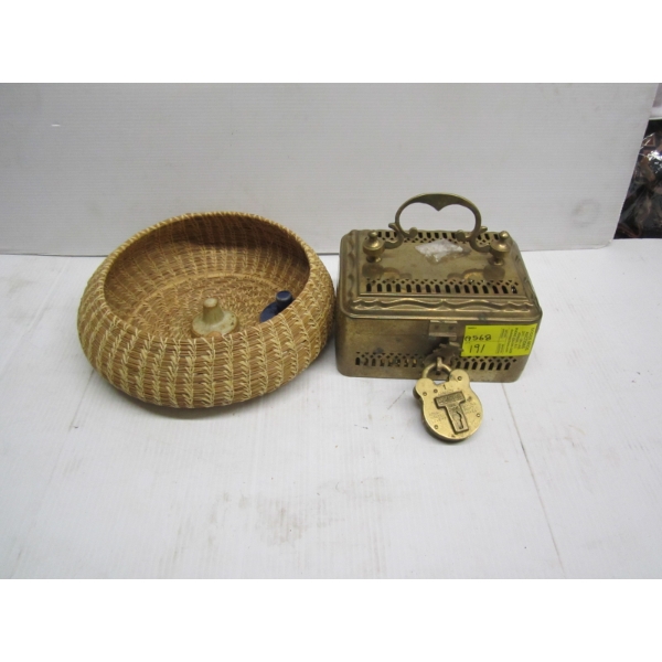 BASKET W/CERAMIC STAMPS & A VINTAGE BRASS BOX