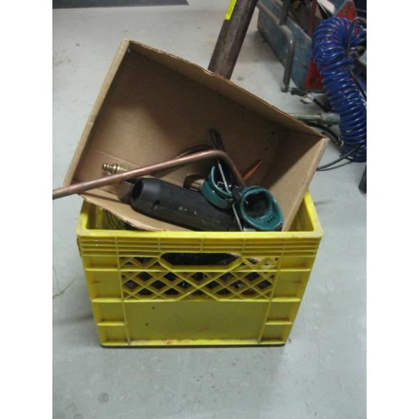 CRATE OF HALOGEN LIGHT, WELDING ITEMS, ETC.