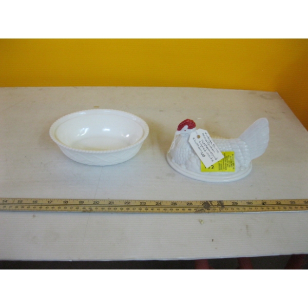 VINTAGE MILK GLASS LIDDED CHICKEN DISH