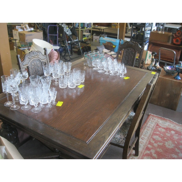 ANTIQUE DRAWLEAF TABLE W/6 CARVED PRESSBACK CHAIRS