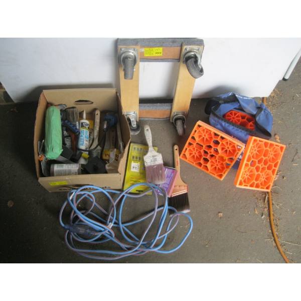MISC. EXTENSION CORD, PAINTBRUSHES, LEVELER SET & A 4 WHEEL CART