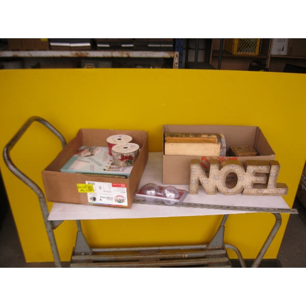 2 BOXES OF MISC. CHRISTMAS ITEMS, WOOD CHEST, ETC.