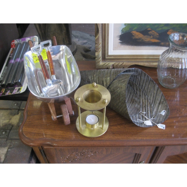 DECORATIVE CHROME WHEELBARROW W/SHOVEL & FORK, CANDLE WARMER & 3 TIN PLANTERS