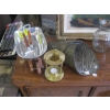 Image 1 : DECORATIVE CHROME WHEELBARROW W/SHOVEL & FORK, CANDLE WARMER & 3 TIN PLANTERS