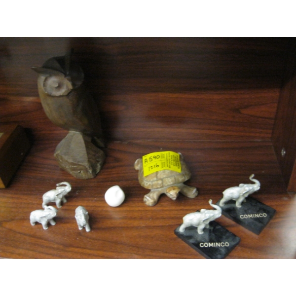 ASST. CARVINGS - ELEPHANTS, TURTLE, OWL, ETC.