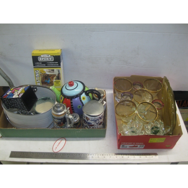 2 BOXES OF MISC. TEAPOT, GLASSWARE, ETC.