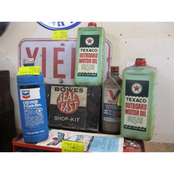 PLASTIC MOTOR OIL OUTBOARD OIL CONTAINERS & A BOSE SEAL FAST REPAIR KIT BOX