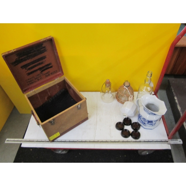 PROJECTOR CASE & BOX OF MISC. COLLECTOR BOTTLE, WATER PITCHER, ETC.