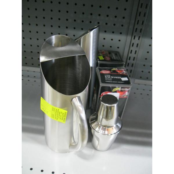 2 - 3 PIECE BAR SHAKERS & 2 STAINLESS STEEL WATER PITCHERS