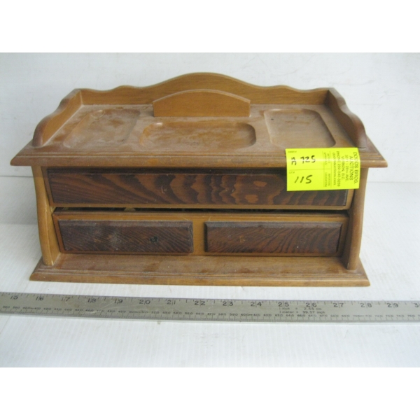 WOODEN BOX W/ASST. BADGES & PINS