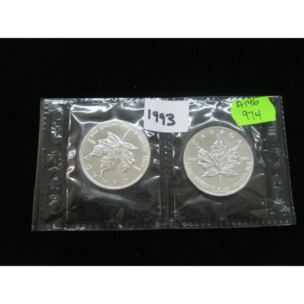 2 - 1993 CDN MAPLE LEAF 1 OZ. .999 SILVER COINS (TAX EXEMPT)