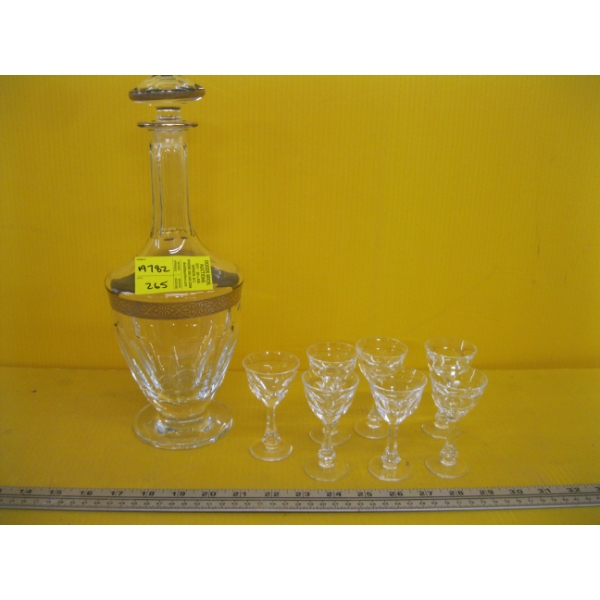MOSERS 24KT GOLD RIM CRYSTAL DECANTER W/7 SM. WINEGLASSES