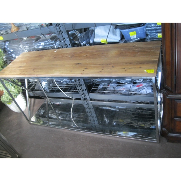 CHROME FRAMED WOOD TOP TABLE W/MIRRORED BASE