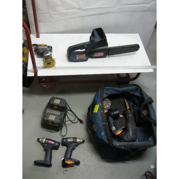 RYOBI CORDLESS TOOL SET W/DUAL BATTERY CHARGER & BATTERIES