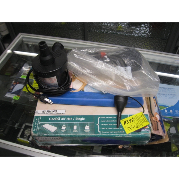 BOX OF ASST. CAMPING GEAR, PLATES, UTENSILS & BLOW UP MATTRESS