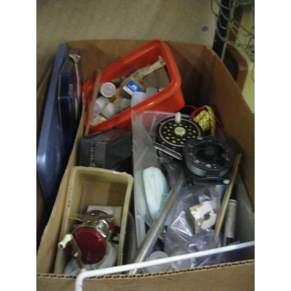 BIN W/ASST. FISHING ITEMS, REELS, ETC.