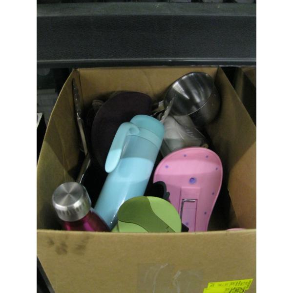 2 BINS & BOX OF MISC. UTENSILS, WATER BOTTLES, ICECUBE TRAYS, CRYSTAL, ETC.