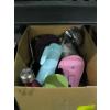 Image 1 : 2 BINS & BOX OF MISC. UTENSILS, WATER BOTTLES, ICECUBE TRAYS, CRYSTAL, ETC.