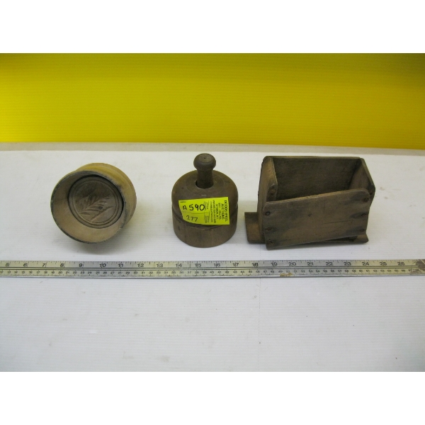 2 ROUND WOODEN BUTTER PRESSES & A SQUARE BUTTER PRESS