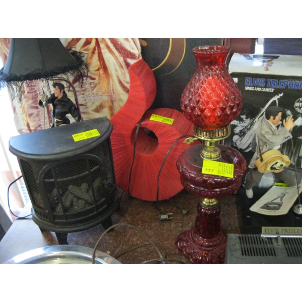 MINI FIREPLACE, ELECTRIFIED OIL LANTERN & A RED LAMP