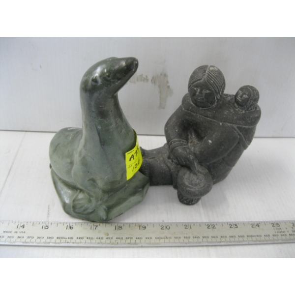 STONE CARVED SEAL & INUIT W/CHILD CARVING