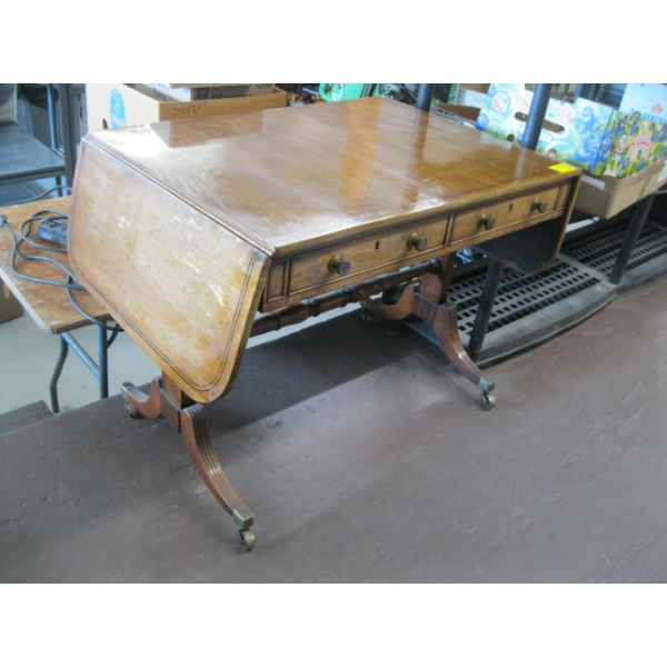 DROP LEAF 2 DRAWER DUNCAN PHYFE BASED ANTIQUE TABLE