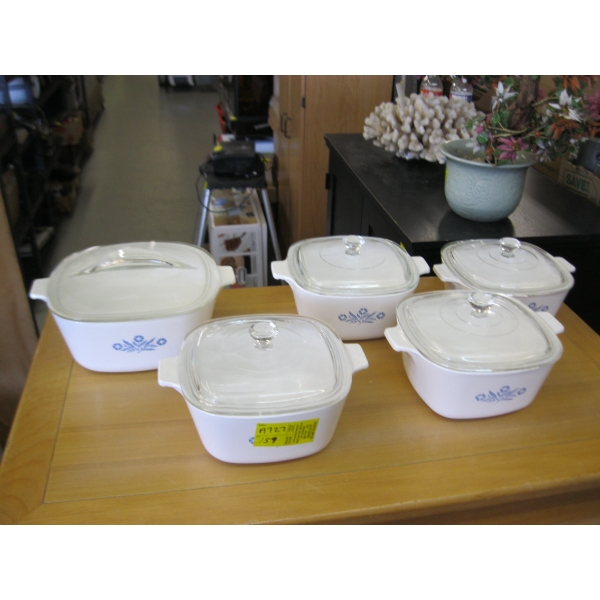 5 CORNING WARE BAKEWARE DISHES W/LIDS
