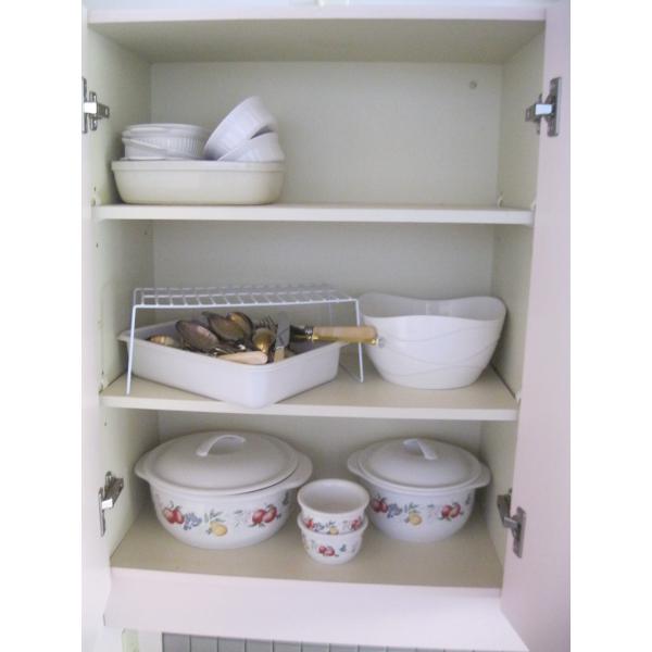 CUPBOARD W/ASST. CUTLERY, LIDDED SERVING POTS, ETC.