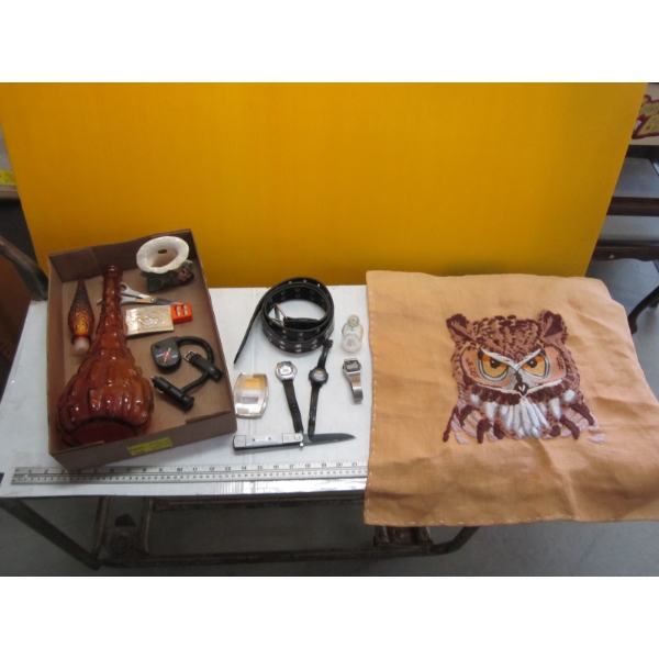 MISC. BELT, DECANTER, OWL NEEDLEPOINT, ETC.
