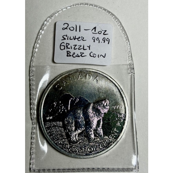 2011 1 OZ .999 SILVER GRIZZLY BEAR COIN (TAX EXEMPT)