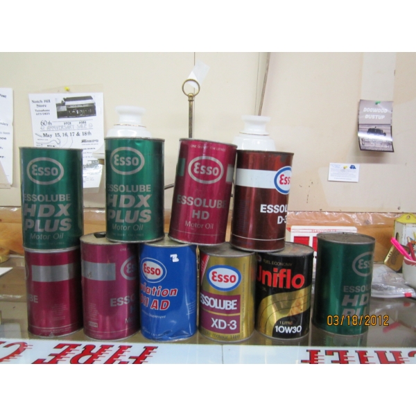 ESSO OIL TINS - 4 FULL, 6 EMPTY