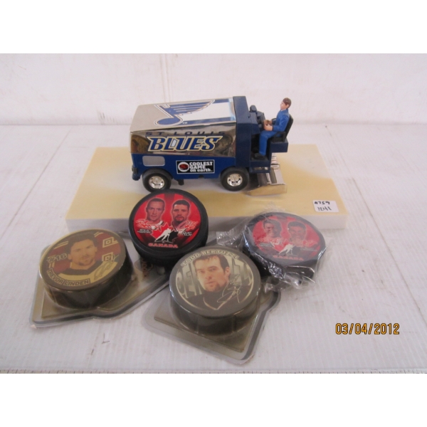 COLLECTABLE HOCKEY PUCKS, ZAMBONI, ETC.