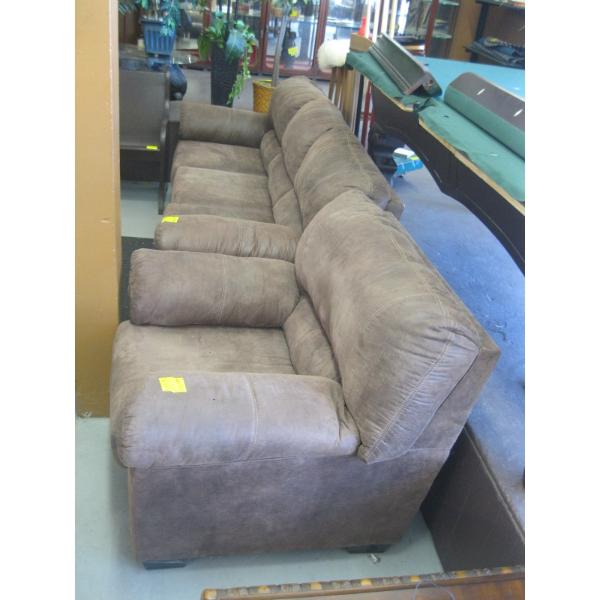 BROWN LEATHER LOOK SOFA & CHAIR - SOME BURN HOLES