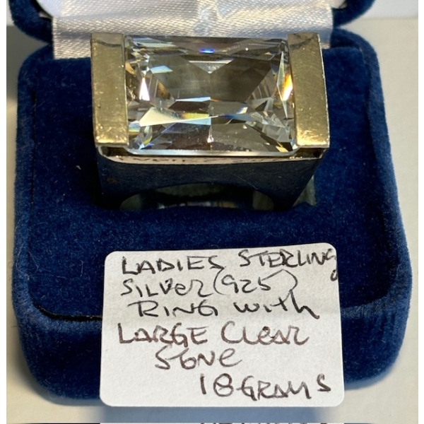 SZ 6.5 LADIES STERLING SILVER .925 RING W/LG. CLEAR STONE, 18G