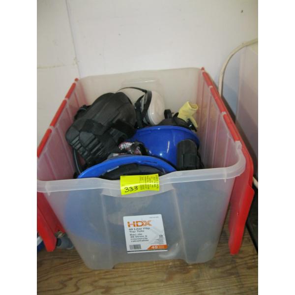 BIN OF MISC. BREATHER MASKS, KNEEPADS, HARDHATS, ETC.