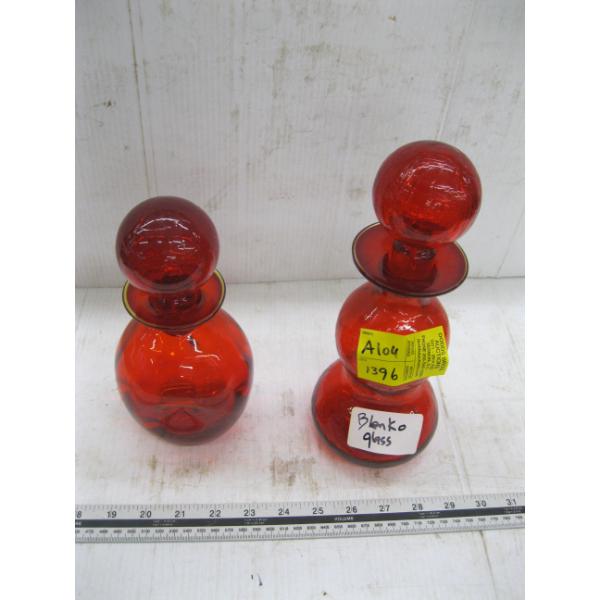 2 BLENKO LIDDED RED GLASS DECANTERS
