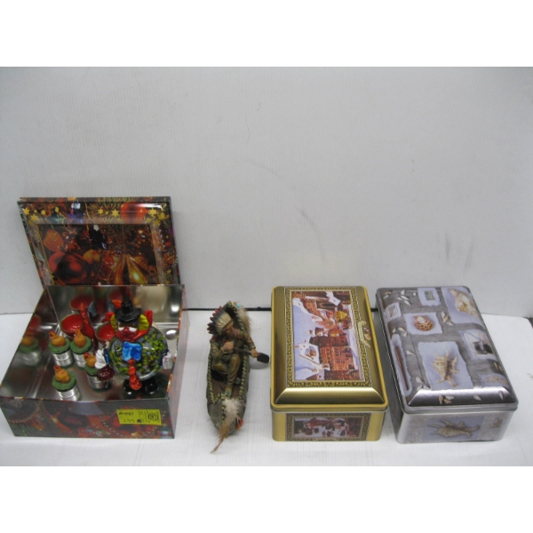 3 TINS OF MISC. COLLECTABLES, CANDLES, WOODEN NUT HOLDER, ETC.