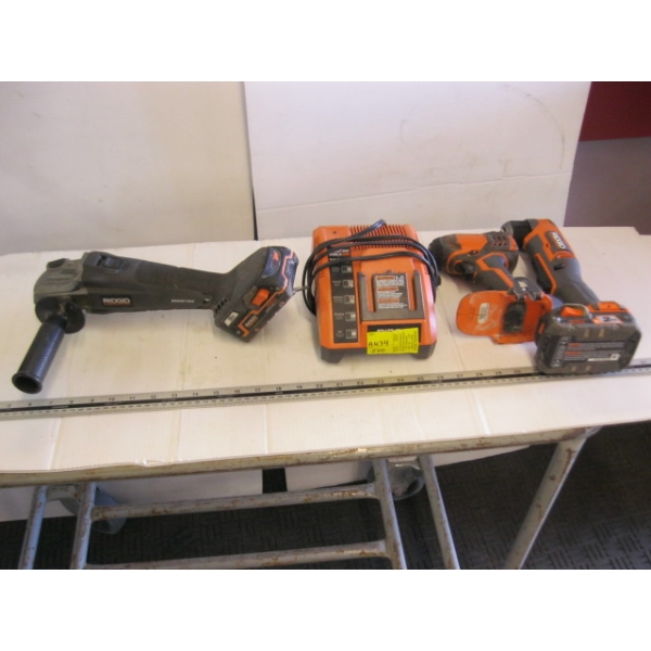 RIGID CORDLESS ANGLE GRINDER, MULTI TOOL, IMPACT DRIVER & CHARGER W/2 BATTERIES