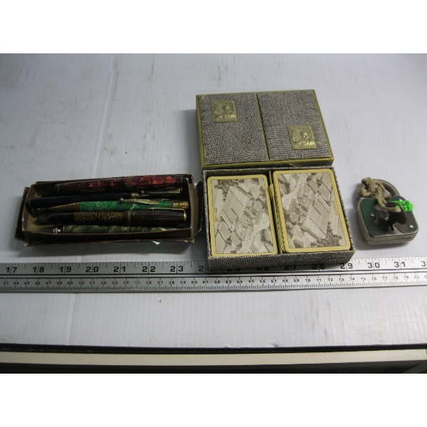 VINTAGE PENS, LOCK & CARDS