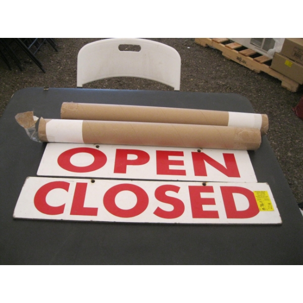 OPEN SIGN, CLOSE SIGN & 2 POSTER HOLDERS W/CONTENTS
