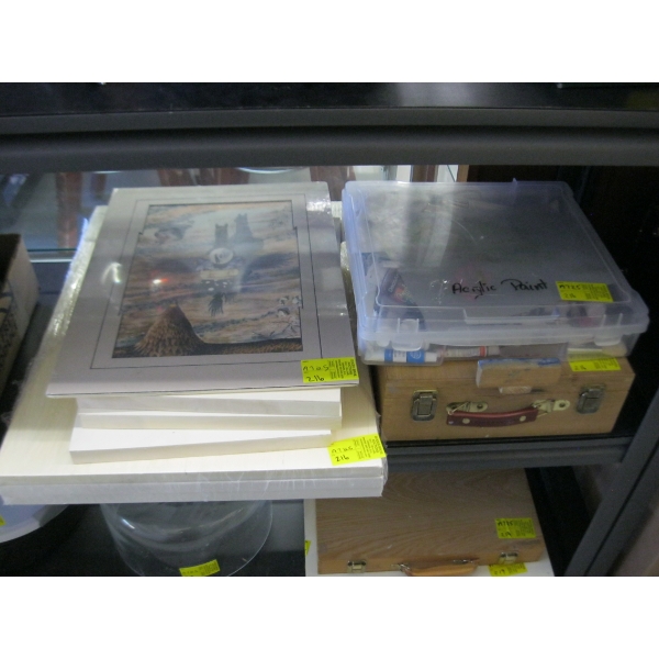BIN OF PAINTS & AN EASEL STORAGE CASE, CANVASSES & 1 PICTURE