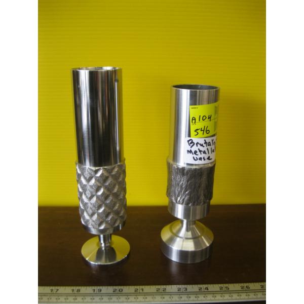 2 BRUTALIST METAL LATHE VASES