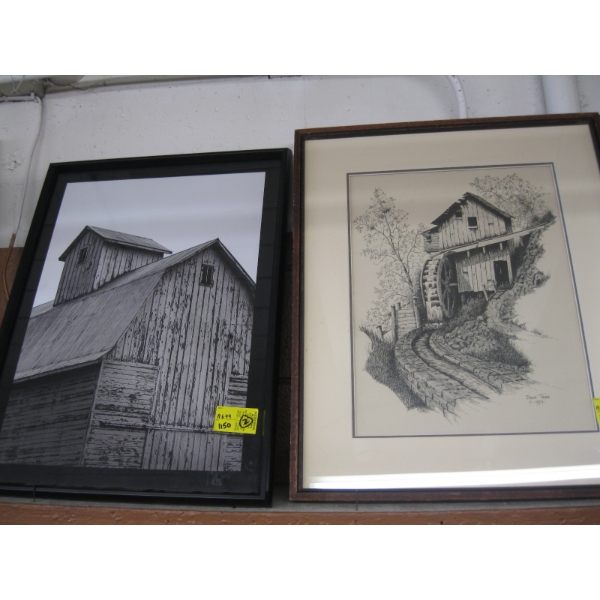 2 FRAMED PRINTS BY DOUG TOPE OF WATER WHEEL & OLD BARN