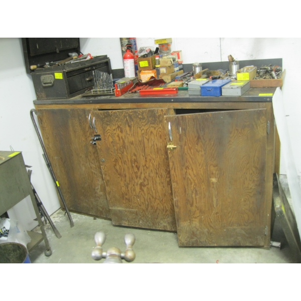 METAL TOPPED 3 DOOR WORK BENCH, APPROX. 5'X30"