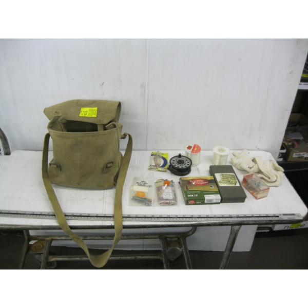 FISHING BAG W/ASST. ITEMS - FLY REEL, ETC.