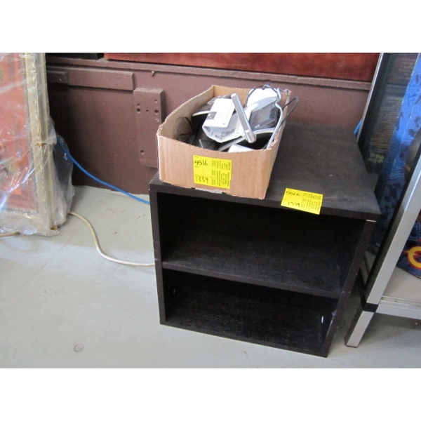 CORDLESS TELEPHONES & A SMALL 2 SHELF CABINET