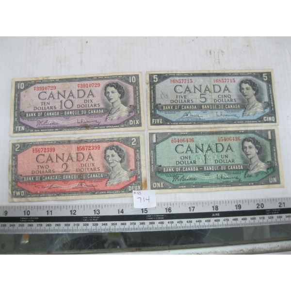 1954 CDN $10, $5, $2 & $1 BILLS