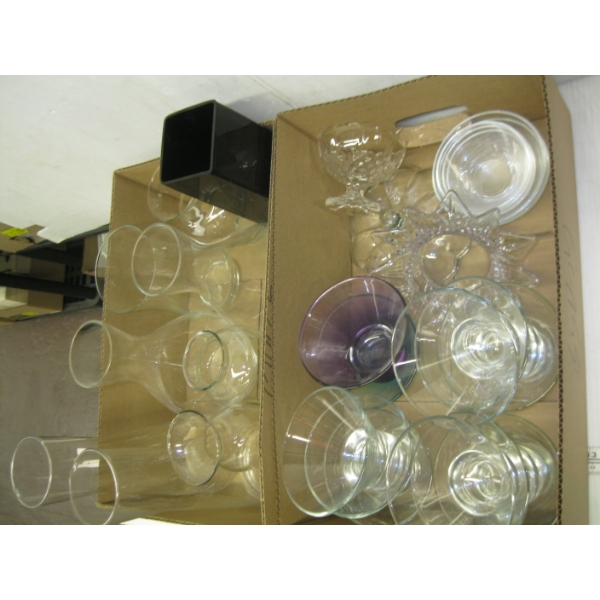 2 FLATS OF GLASSWARE, BOWLS, JUGS, ETC.