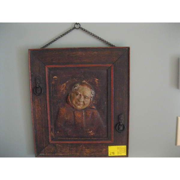 VINTAGE FOLK ART PAPER MACHE MONK RELIEF SET WITHIN ARTS & CRAFTS STYLE WOOD FRAME